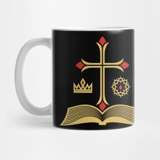 Cross of Jesus Christ, open bible and royal symbols. Mug